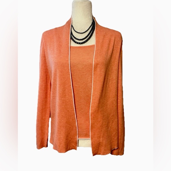 Sz S Belford for Saks Pima Cotton Orange Cardigan Attached Solid Shell Sweater - Picture 1 of 14